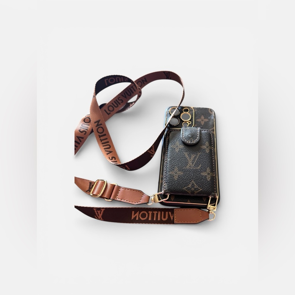 Designer Brown Monogram Phone Case with Strap.   I phone 14 Pro Max.
